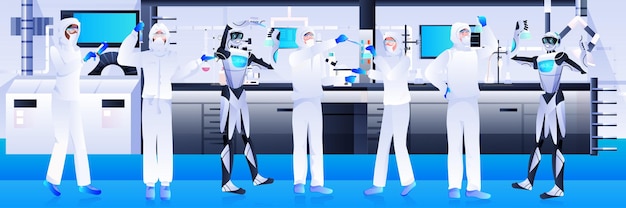 robots with scientists in protective suit making experiments in lab genetic engineering artificial intelligence concept