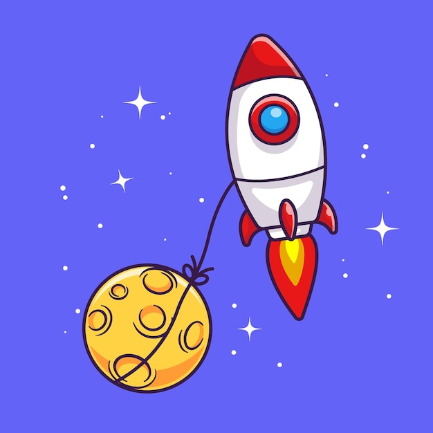 Rocket Flying With Moon In Space Cartoon Vector Icon Illustration Science Technology Icon Isolated
