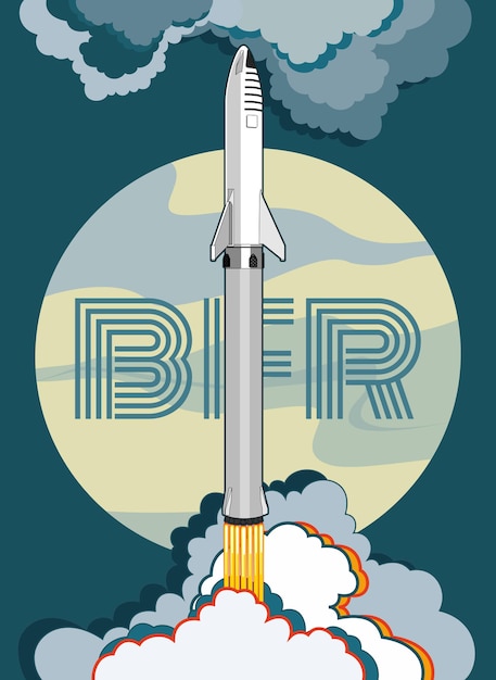 Rocket spaceship launching vector retro style illustration. Vector cartoon spaceship isolated and full Moon for web, postcard, poster, print, banner.