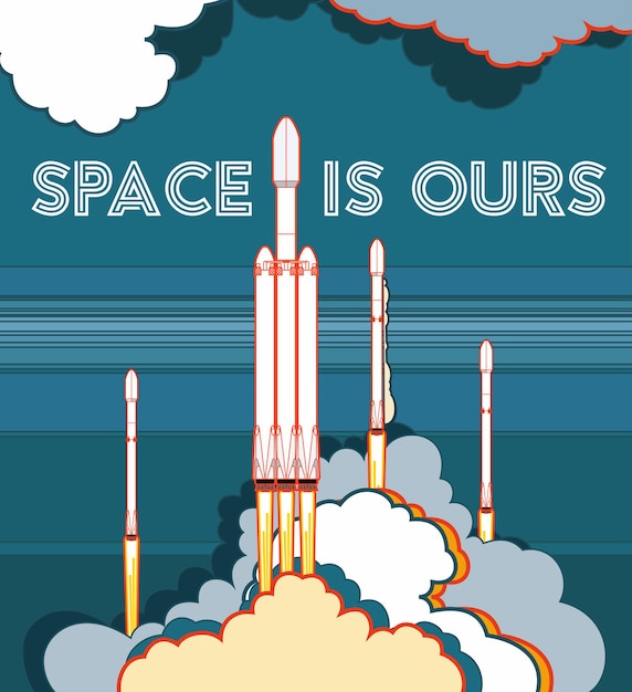 Rockets space crafts vector rocket launching. Vector poster spaceship, flame and steam on blue background. Vertical space poster. Spaceship cartoon art, retro style illustration.