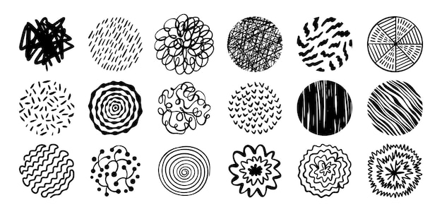 Round abstract hand drawn shapes with pattern set doodle element modern trendy circles for poster
