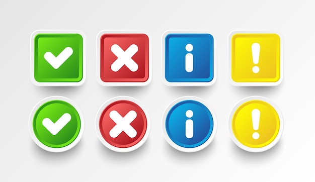 Round and square icons of check and cross exclamation mark and information sign