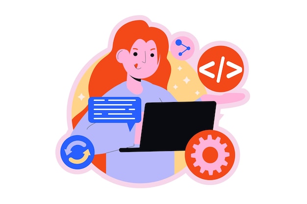 Round concept Web development with people scene in the flat cartoon design Programmer write a code