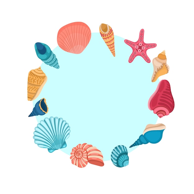 Round frame with modern sea river shells on a white background in flat style Summer design