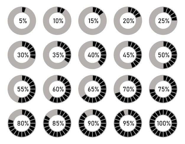 round graphs divided into sectors or pieces with percentage process cycle icons for infographics