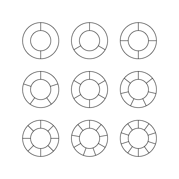 Round structure graph Set of outline circular chart Piechart with segments and slices Pie diagram divided into pieces
