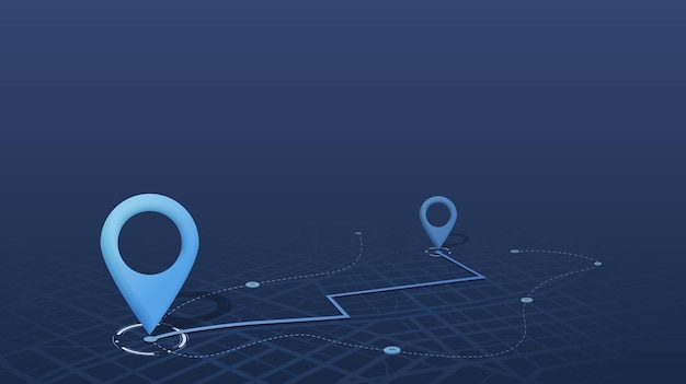 Route on the map to pin city street map with various points of interest gps tracking system to
