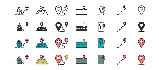 Route Web Icons Navigation Location Map pointer Map GPS Vector in Line Style Icons