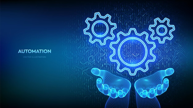 RPA Robotic Process Automation software Gears icon in hands on circuit board pattern background Smart industry IOT and Automation concept Innovation improving productivity in technology Vector