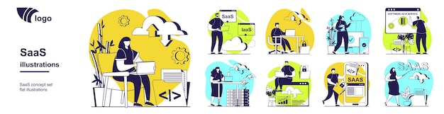 SaaS concept set for web design Collection with people using software as a service doing subscription to programs cloud storages and data computing with online protection Vector illustration