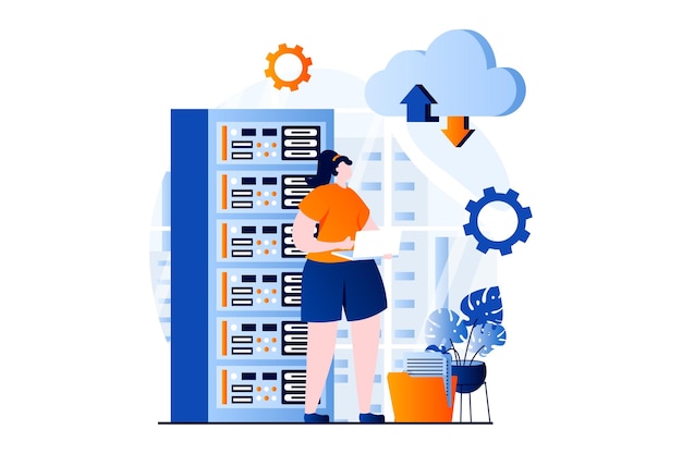SaaS concept with people scene in flat cartoon design Woman works with online databases exchanges files and uses cloud technology Software as a service Vector illustration visual story for web