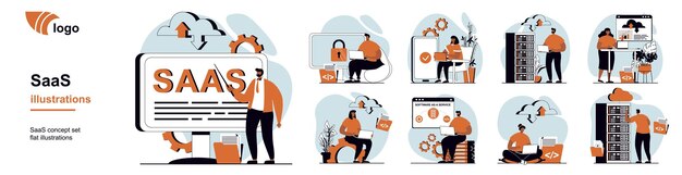 SaaS concept with people scenes mega set in flat web design Bundle of character situation with users use software as a service subscription to programs with cloud storage Vector illustrations