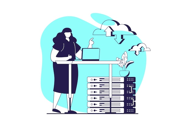SaaS web concept with flat people for website design Woman using software as a service interacting with datacenter server with cloud computing hosting and provider service Vector illustration