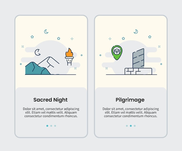 Sacred night and pilgrimage icons onboarding template for mobile ui user interface app application design vector illustration