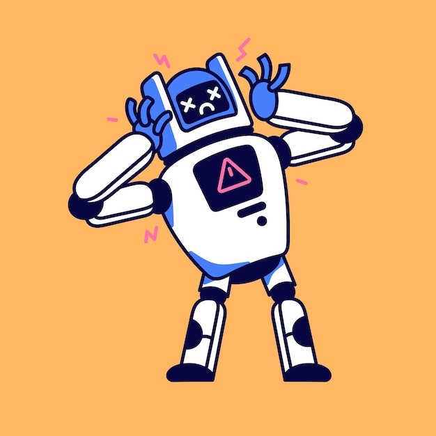 Sad broken robot with warning symbol Program bug technical mistake critical failure online connection error server problems Maintenance support service bot Flat isolated vector illustration