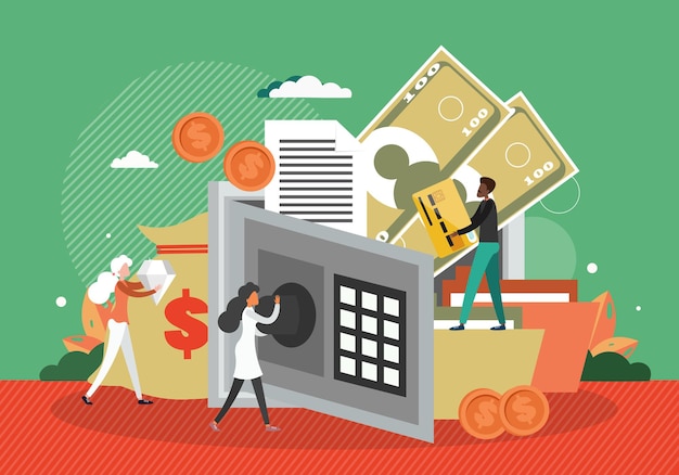 Safe full of money and documents. Bank money safety concept vector illustration. Open safebox vault, cash deposit, secure banking