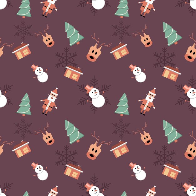 Santa Claus snowman deer head house with chimney objects in rounded corner theme seamless pattern background Best for winter holiday fabric giftwrap scrapbook greeting cards design projects