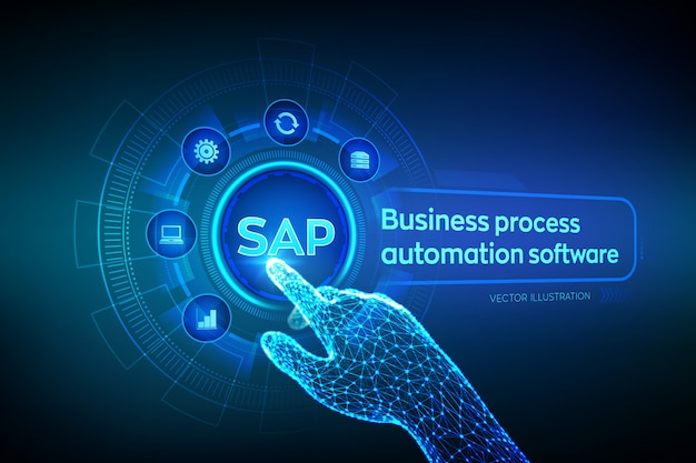 sap. business process automation software. wireframed robotic hand touching digital graph interface.