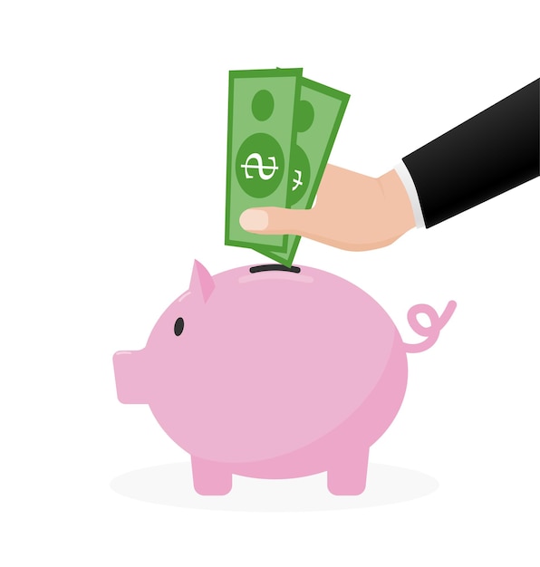 Saving money concept Piggy bank and hand with dollars Cartoon image with saving money Line vector
