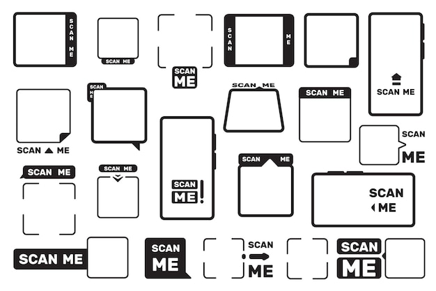 Scan me frame QR scanning code frames mockup for smartphone barcode sticker scanner code borders for mobile app design Vector QR code framing isolated set