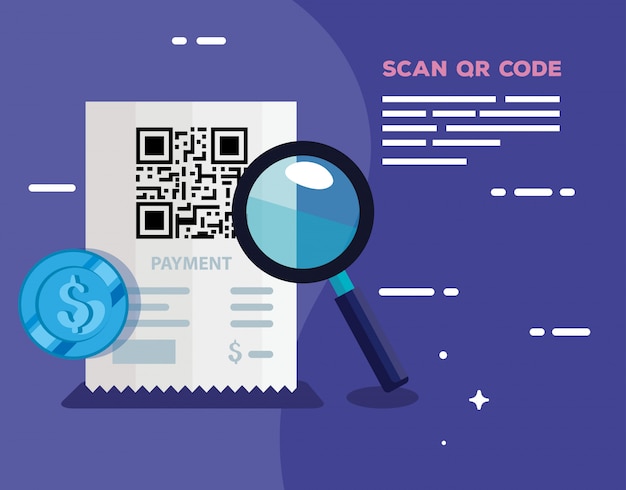 Scan qr code in voucher paper with magnifying glass