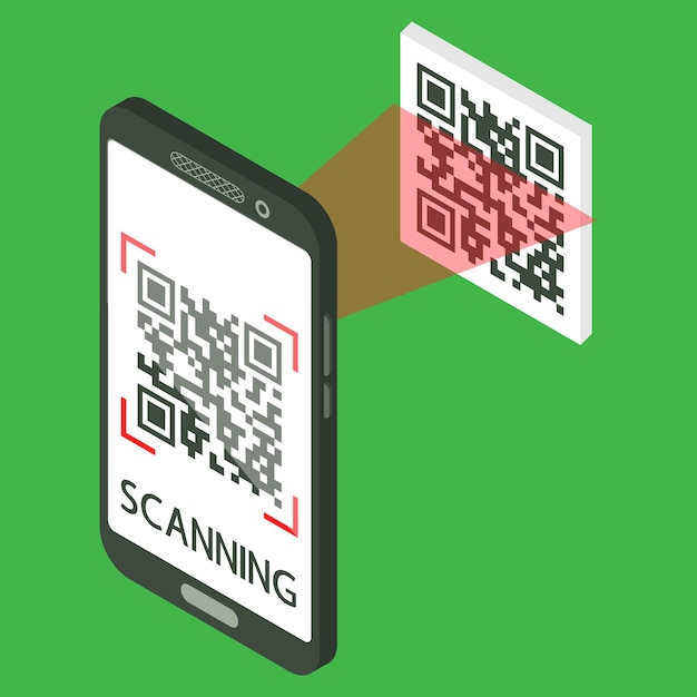 scan qr code with mobile phone. isometric smartphone with qr code on screen. process of scanning. machine-readable barcode on smartphone screen. vector