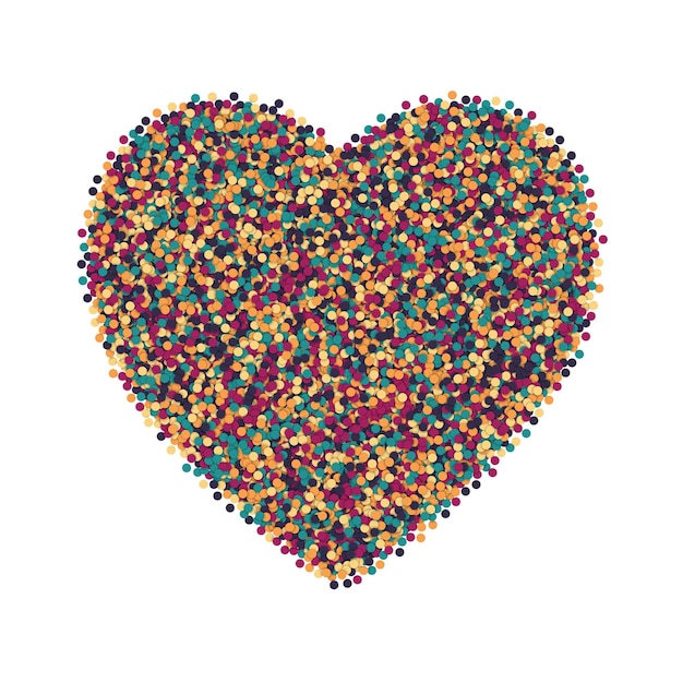 scattered colorful motley confetti heart shape on white background