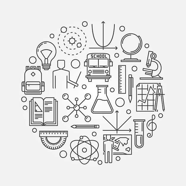 School Education vector round concept illustration in thin line style