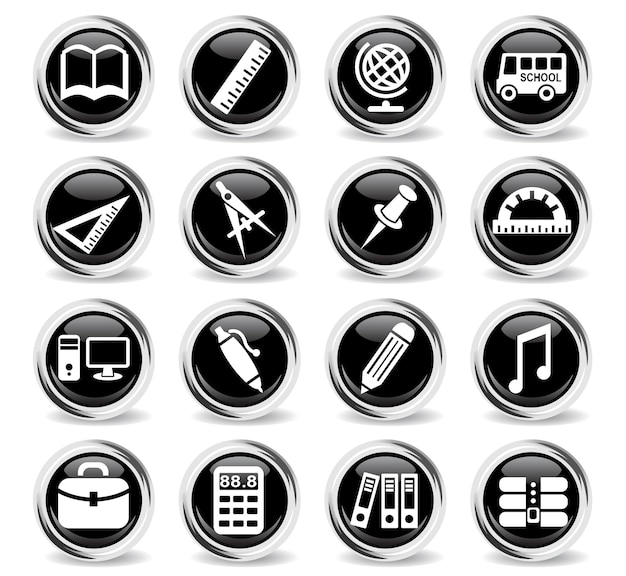 School icons on round black buttons with metal ring