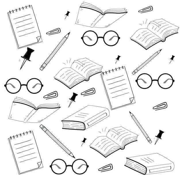 school stationery elements black and white outlines stationery doodle seamless pattern