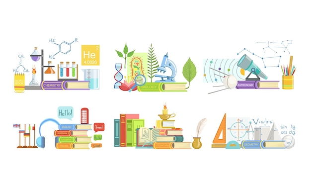 School Subjects Set Chemistry Biology Astronomy Foreign Language Literature Geometry Vector Illustration