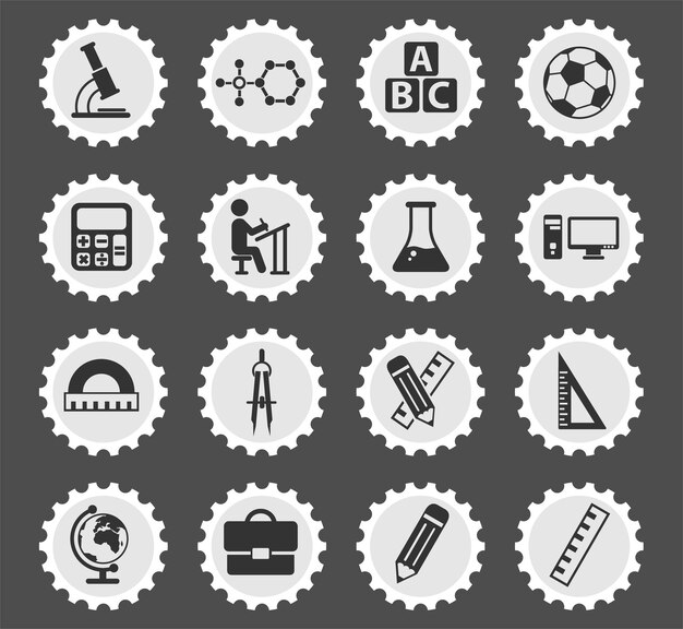 School symbols on a round postage stamp stylized icons