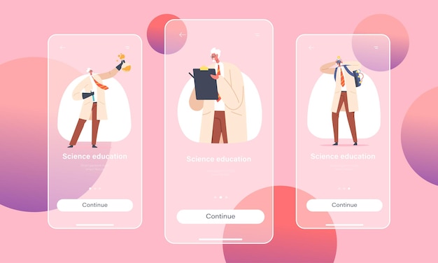 Science Education Mobile App Page Onboard Screen Template Crazy Professor Nuts Doctor Character Conduct Experiment