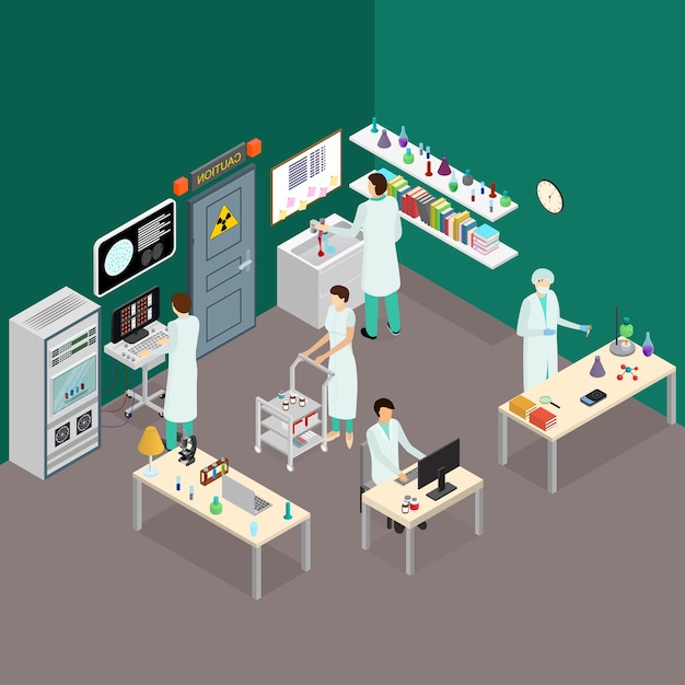 Science Lab Interior with Furniture Isometric View Chemistry Test Medical Concept for Web Vector illustration of Research Laboratory
