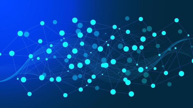 Science with glowing molecule on dark blue background template design. Vector stock illustration.