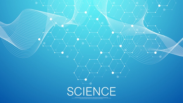 Scientific molecule background for medicine, science, technology, chemistry. Science template  or  with a DNA molecules. Dynamic wave flow DNA. Molecular  .