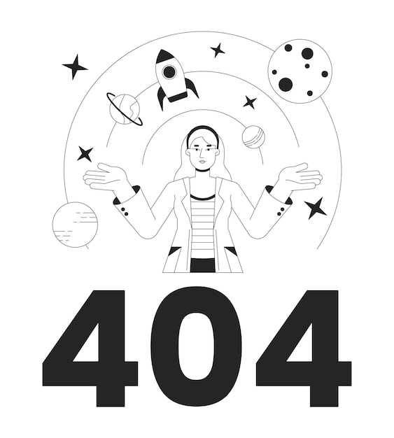 Scientist explore galaxy black white error 404 flash message Aerospace engineering Monochrome empty state ui design Page not found popup cartoon image Vector flat outline illustration concept