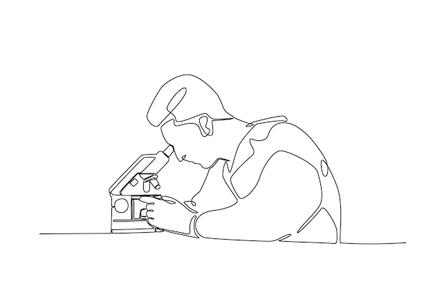 Scientist working using microscope in continuous one line drawing