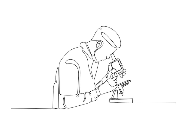 Scientist working using microscope in continuous one line drawing