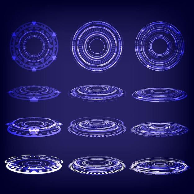 Scifi technology stage collection in glowing HUD Magic warp gate in game fantasy Circle teleport podium Rays GUI UI virtual reality users Hologram portal set of user interface Product showing