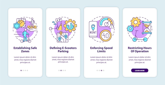 Scooter sharing regulations onboarding mobile app page screen. Establish safe zones walkthrough 4 steps graphic instructions with concepts. UI, UX, GUI vector template with linear color illustrations