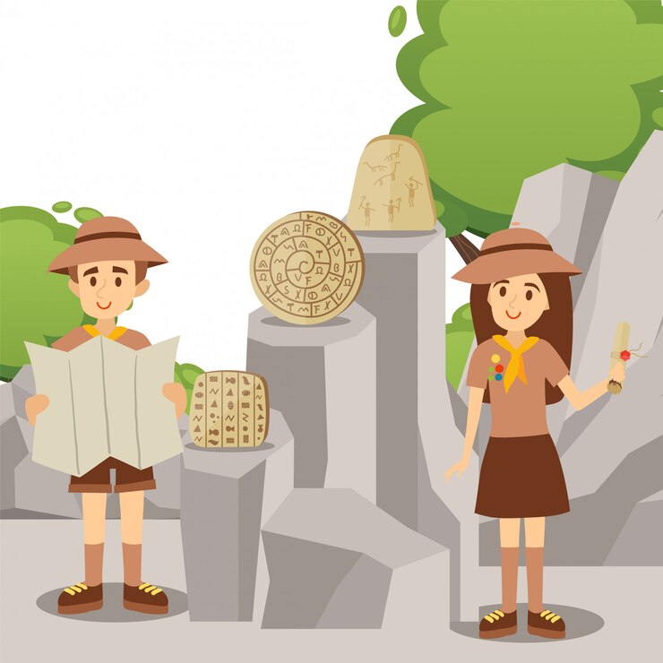 Vector scout leaders presenting historic artifacts of ancient civilization