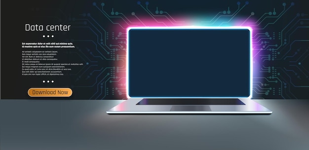 screen and a desk in a dark room with blue lighting Technological background with a laptop Vector