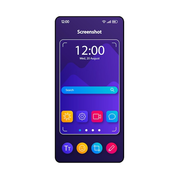 Screenshot taking tool smartphone interface vector template Mobile app page color design layout Camera display capturing software screen Flat UI for application Focus finder phone display