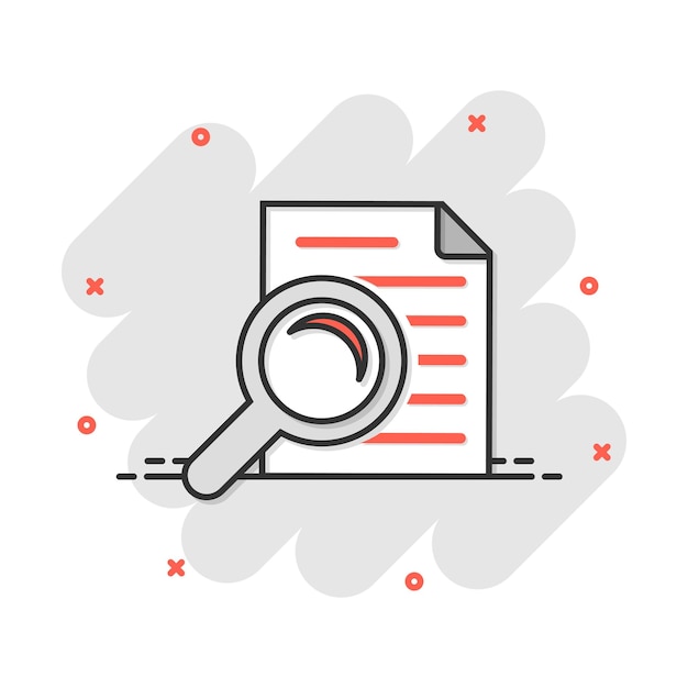 Scrutiny document plan icon in comic style Review statement vector cartoon illustration pictogram Document with magnifier loupe business concept splash effect