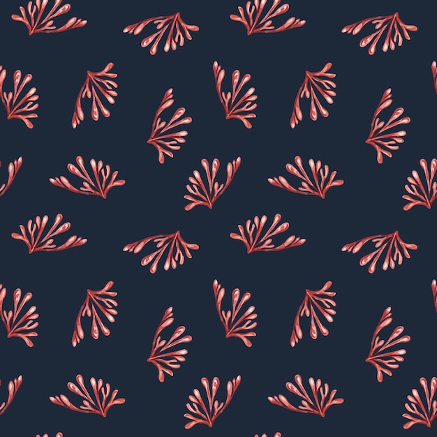 Sea plants red coral in watercolor seamless pattern isolated Pink agar agar hand drawn Seaweeds endless background Marine pattern for package textile paper wrapping