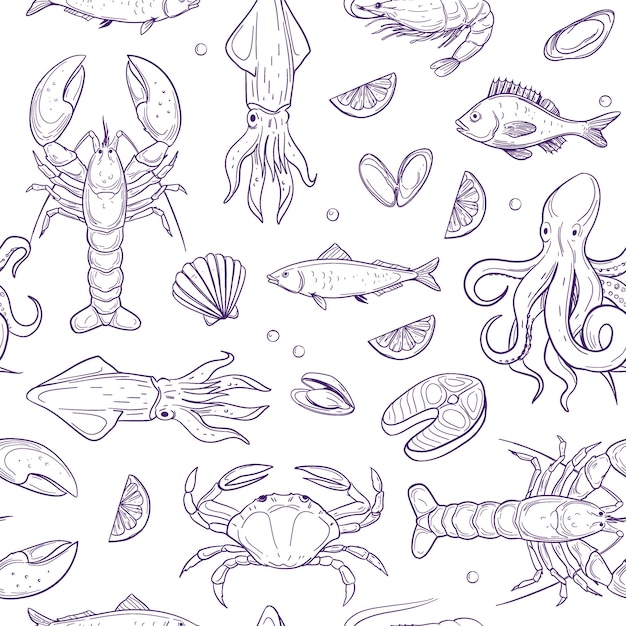 seafood seamless pattern set of vector sketch illustrations transparent backround