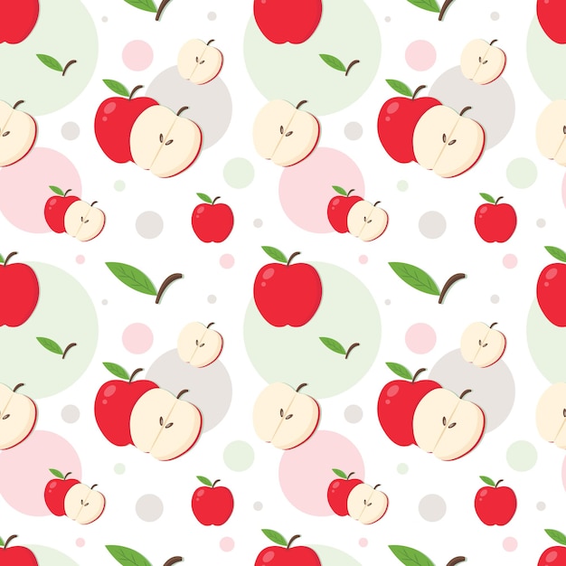 Seamless Apple Pattern with Red Apples Slices and Green Leaves
