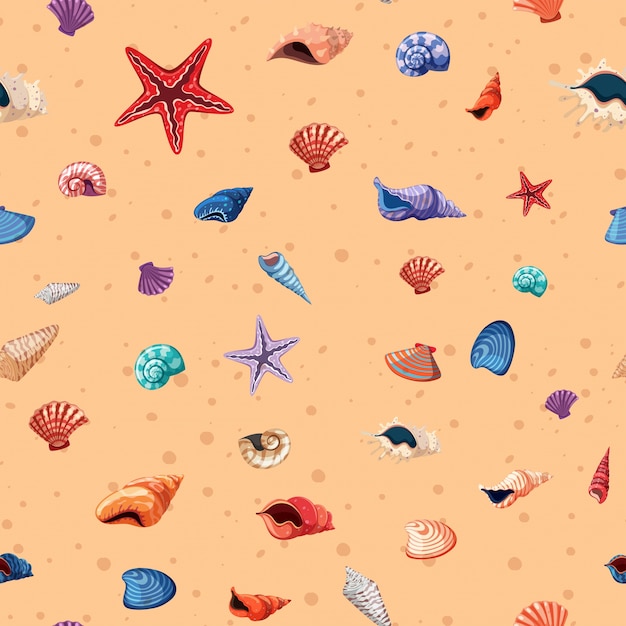 Seamless background template with seashells and starfish