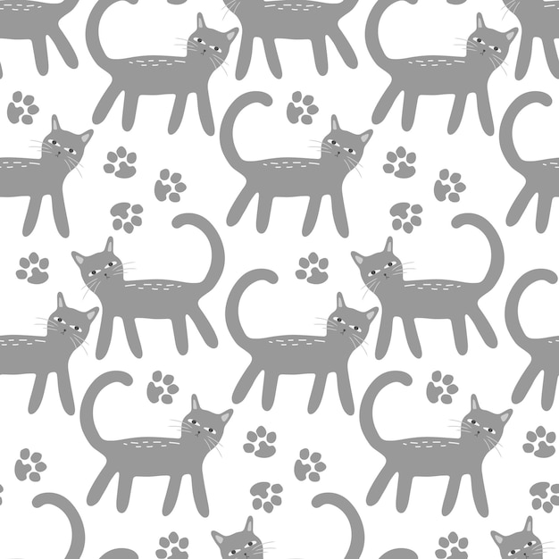 seamless background with gray cats and paw prints